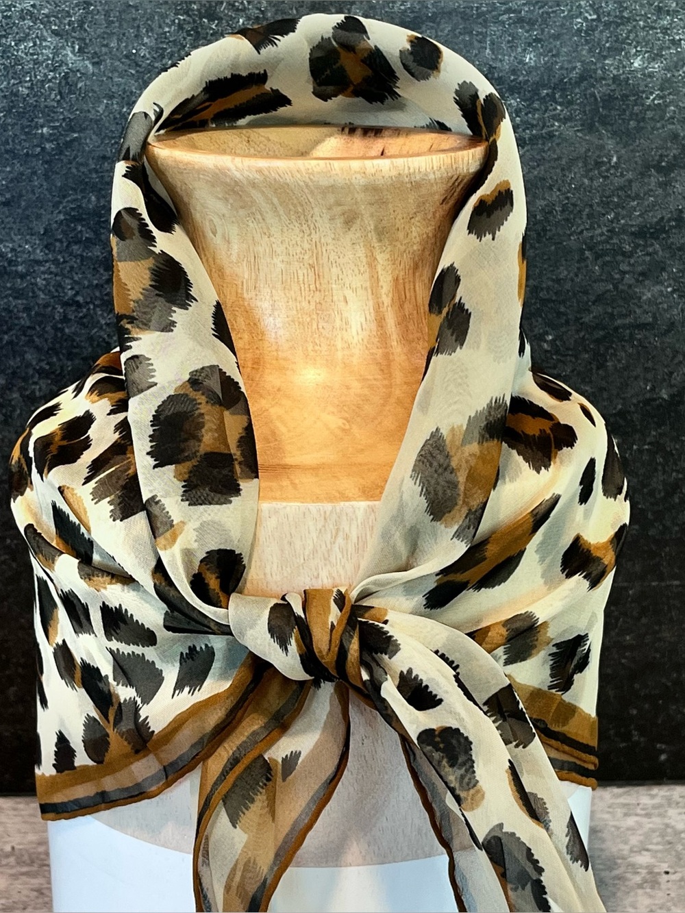 Vintage Burmel Scarf, Hand Rolled Hem Leopard Print, Sheer, Approx 23” x 23”
